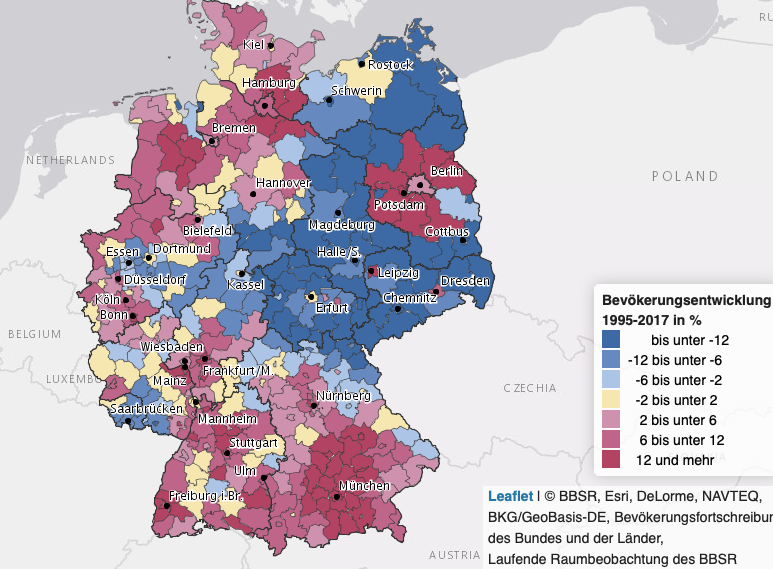 Karte der BBSR. Sie zeigt farblich die Gewinner und Verlier