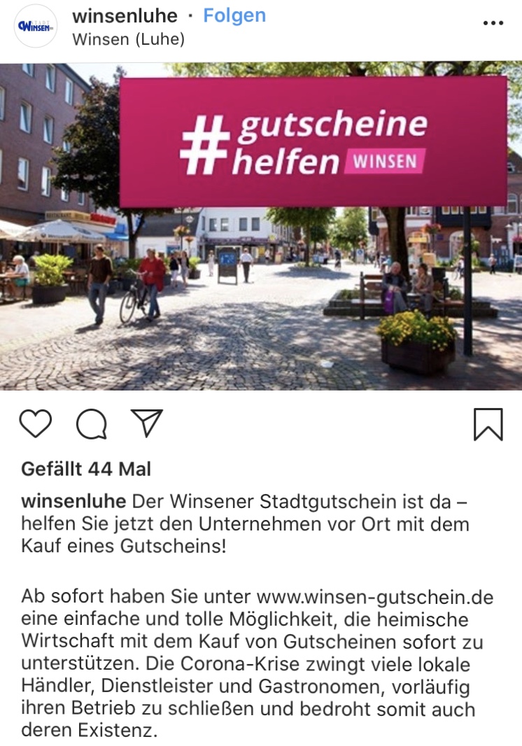 Auch in Winsen wird darum geworben Gutscheine für die Einzelhändler zu kaufen, damit sie die Corona-Pandemie wirtschaftlich überstehen.