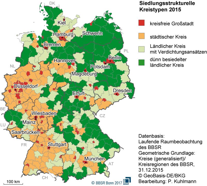 Deutschlandkarte - Urbane Räume versus ländlicher Raum