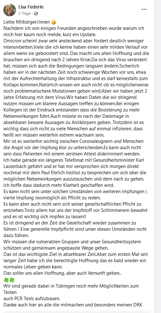 Screenshot Lisa Federler Facebookpost zur Impfpflicht