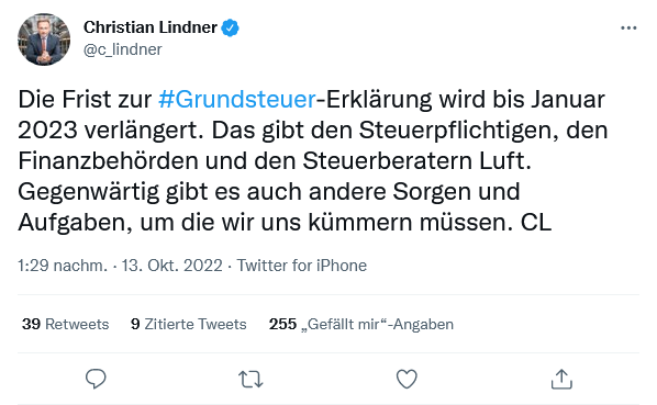 Screenshot Grundsteuer Tweet Finanzminister Lindner