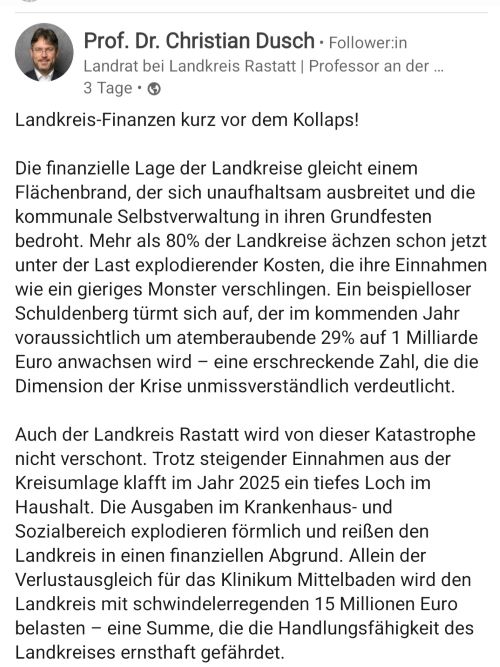 LinkedIn-Post Landrat Dusch Rastatt