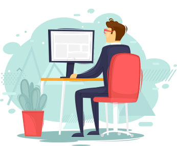 Grafik Mann vor Computer digitale Ratarbeit