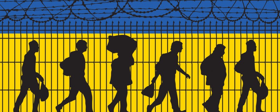 Fliehende Menschen vor Ukrainischer Flagge