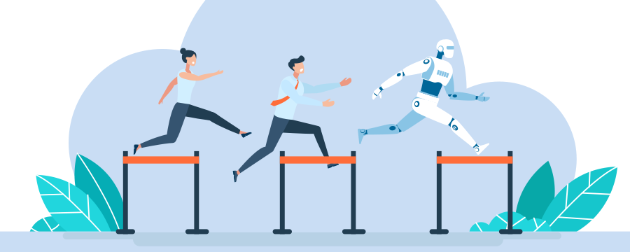 Symbolbild Digital fit Mann und Frau sprinten hinter Roboter