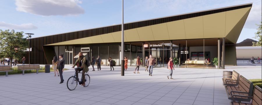 So soll das neue Bahngebäude in Bitterfeld aussehen.