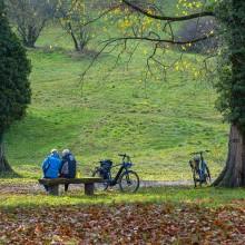 Klimatrainer Senioren mit dem Fahrrad im Wald